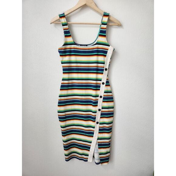 EXPRESS‎ striped bodycon stretch midi dress button accent S midi summer vacation - Picture 1 of 5